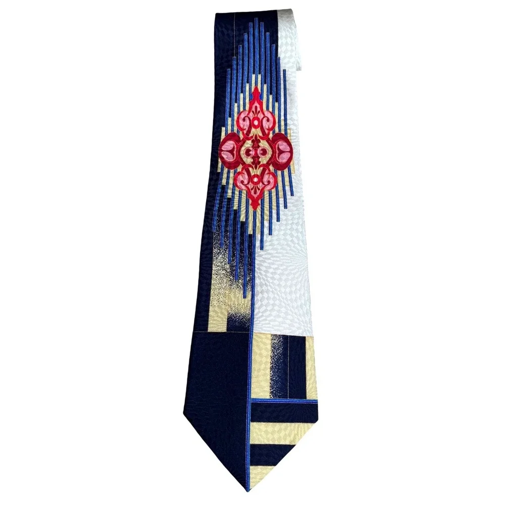 Robert Arnold Mens Silk Tie Navy Blue Geometric Medallion USA 4 Inch art deco